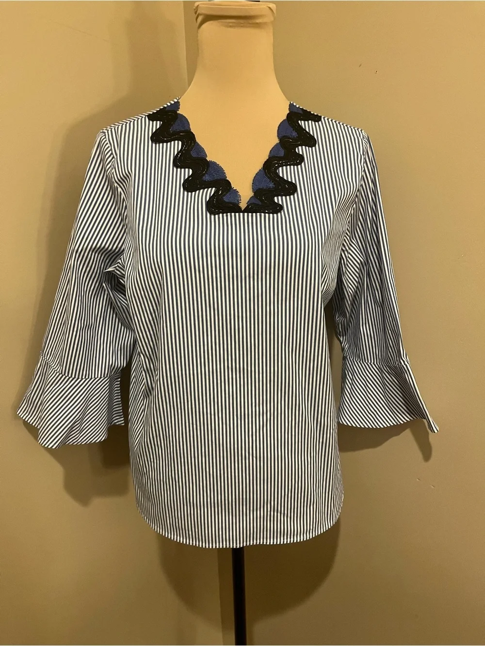 Talbots Navy & White Striped V-Neck Blouse with Scalloped Trim, Lp